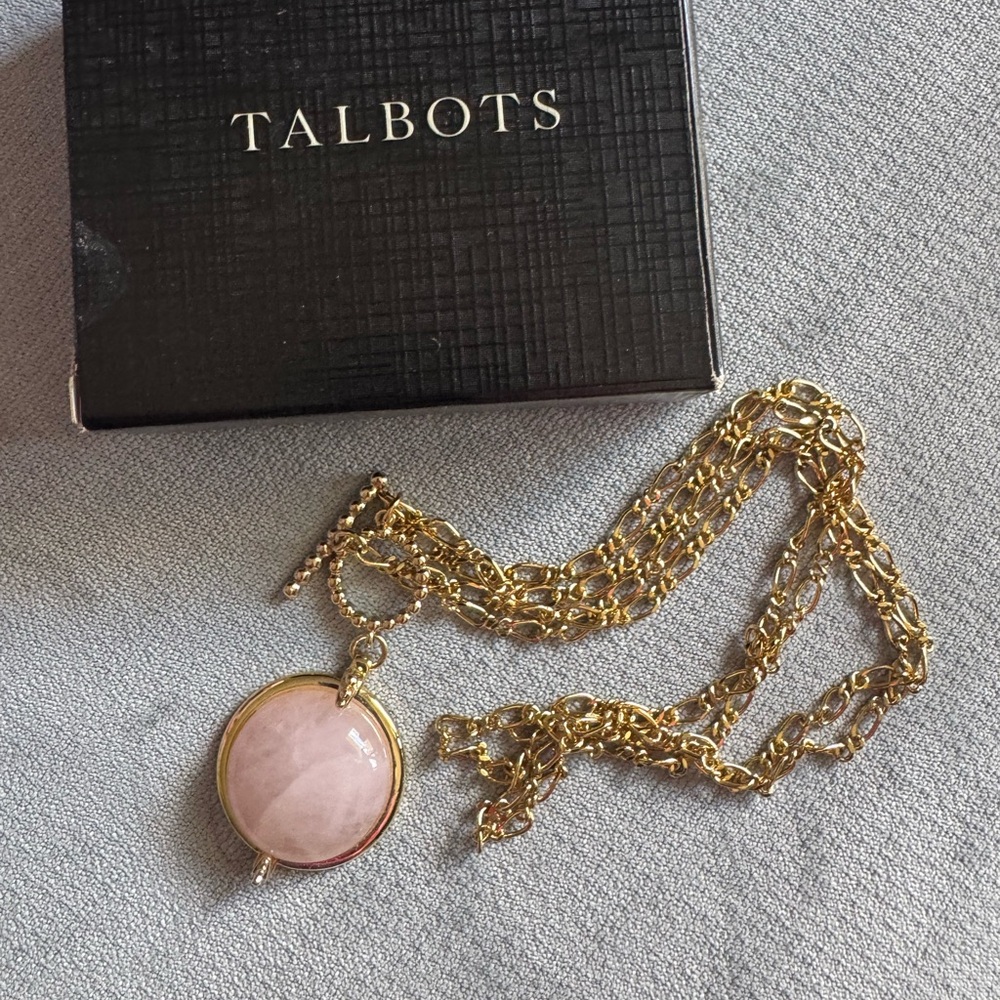 Talbots Gold and Pink Necklace with Double-Strand Chain and Pendant
